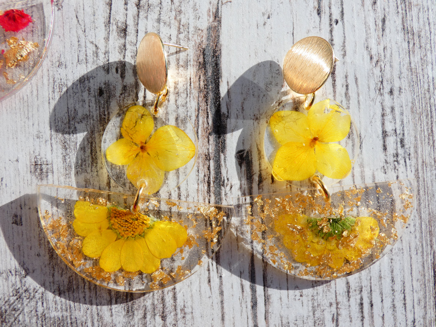 Flower Dangly Earrings with Gold Accent