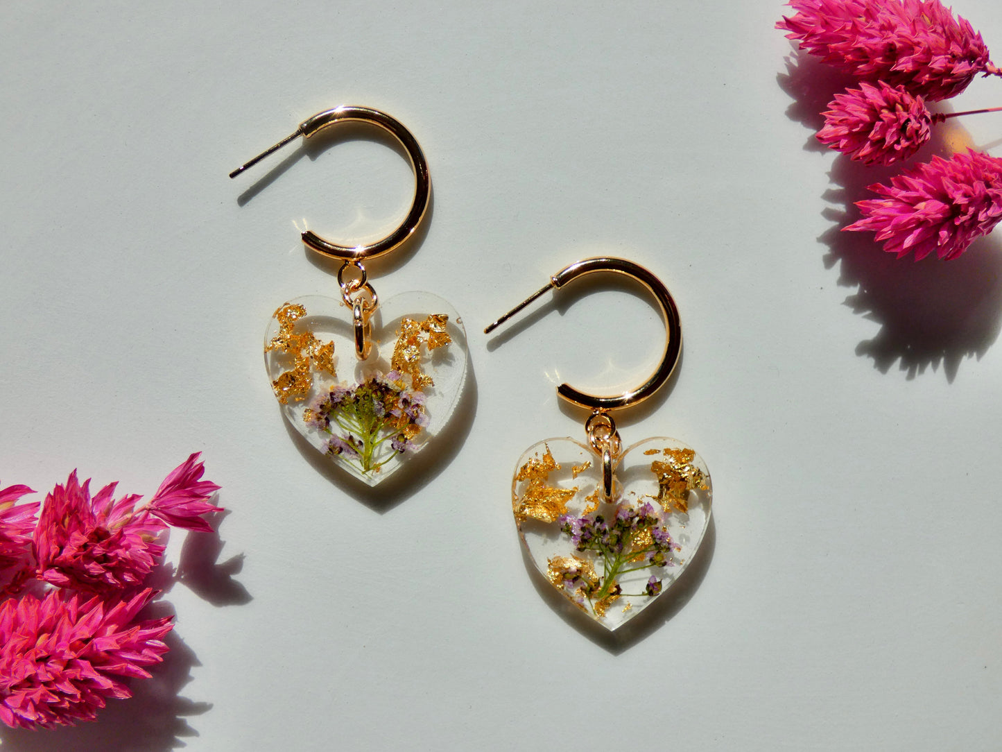 Heart Flower Earrings with 14k gold "C" Hoops