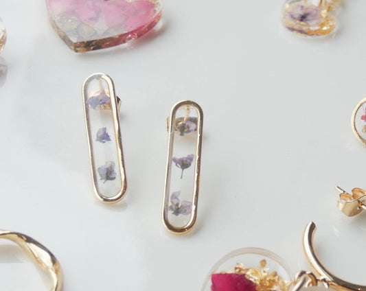 Oval 14k Gold, Flower Resin Earrings