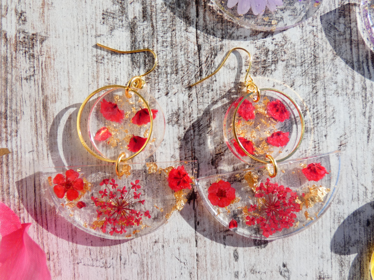 Flower Dangly Earrings with Gold Accent