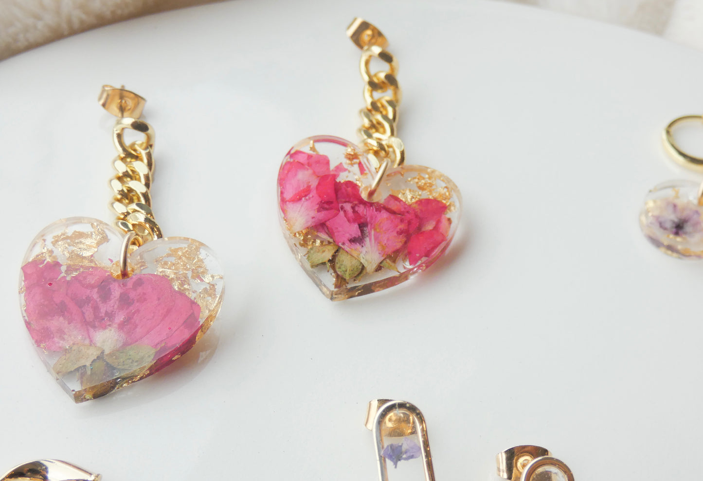 Heart Resin Earrings w/ 14k Gold Chain