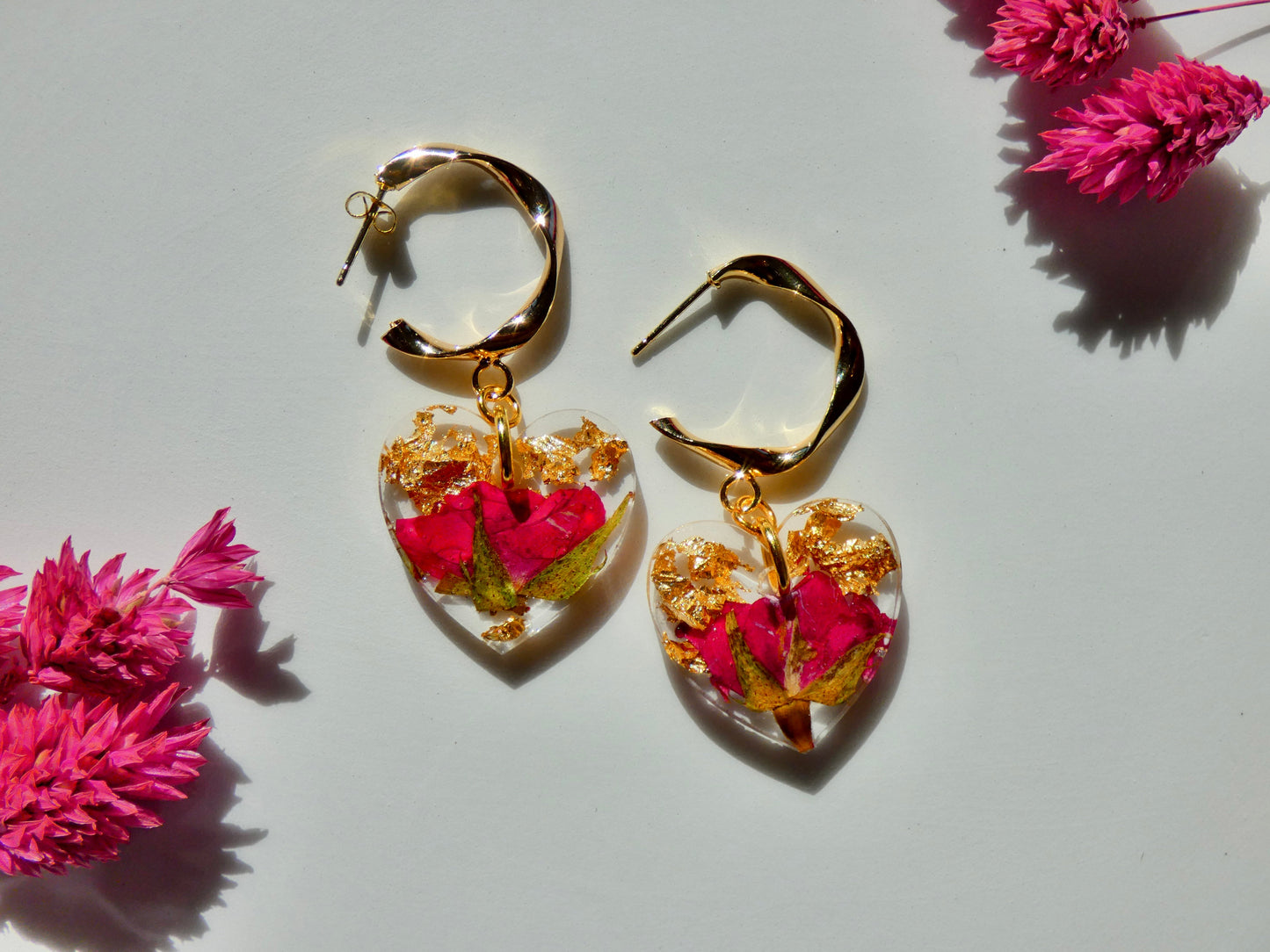 Heart Flower Earrings with 14k gold "C" Hoops