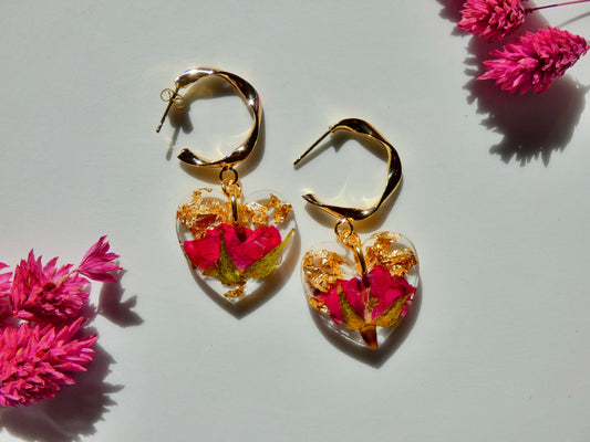Heart Flower Earrings with 14k gold "C" Hoops